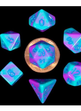 Dice: Mini 10mm 7pc Set: Purple/Teal w/ Blue Numbers