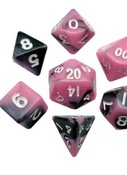 Dice: Mini 10mm 7pc Set: Pink/Black w/ Gold Numbers