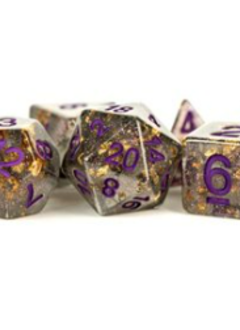 Dice: Resin 16mm 7pc Set: Gray w/ Gold Foil, Purple Numbers