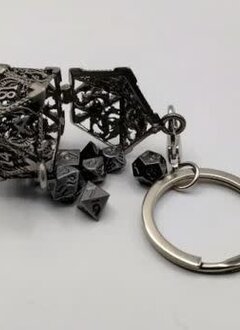 Porte-Clef D20: Déchaînement de Dragons: Argent Antique avec Mini-Kit de Dés Polyédriques (6mm)