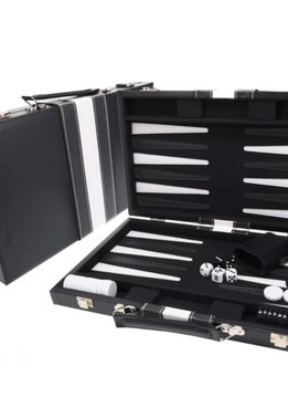 Black with Stripe Leatherette Backgammon Set, 14.75 x 9.75 in. Closed