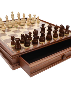 French Staunton Wood Chess & Checkers Set, 15 inch Board with Storage