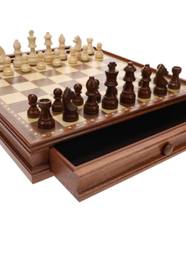French Staunton Wood Chess & Checkers Set, 15 inch Board with Storage