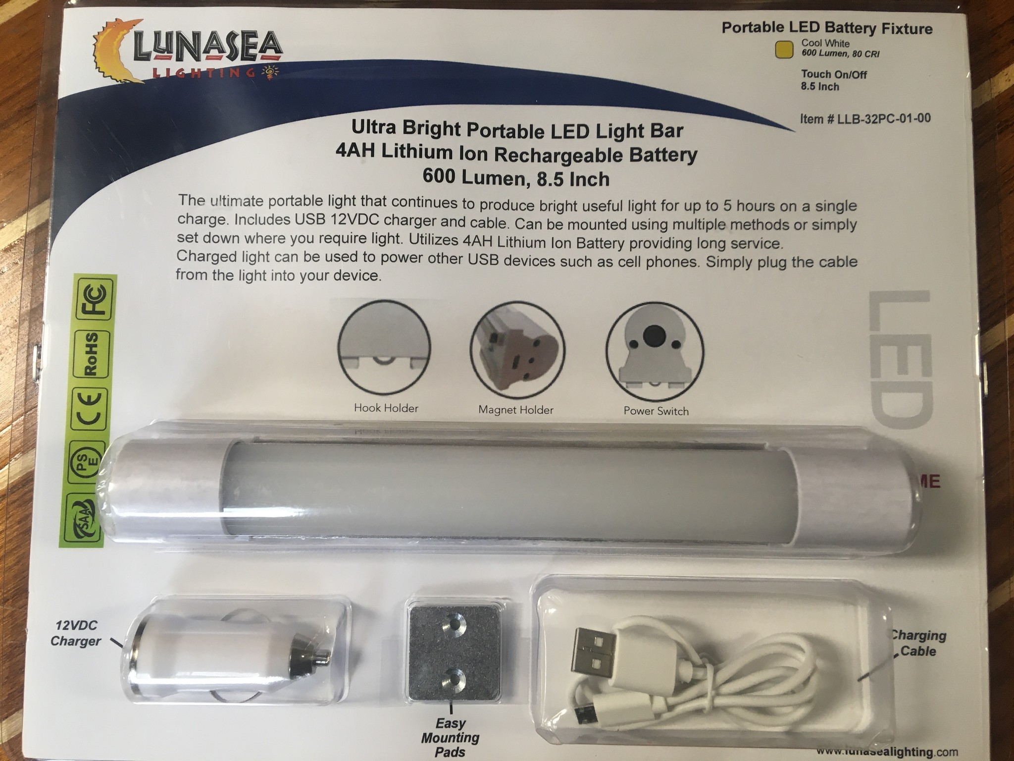 LUNASEA LUNASEA PORTABLE LED RECHARGEABLE LIGHT BAR W/ HOOK & MAGNET (ALSO CHARGES USB DEVICES) *NEW*