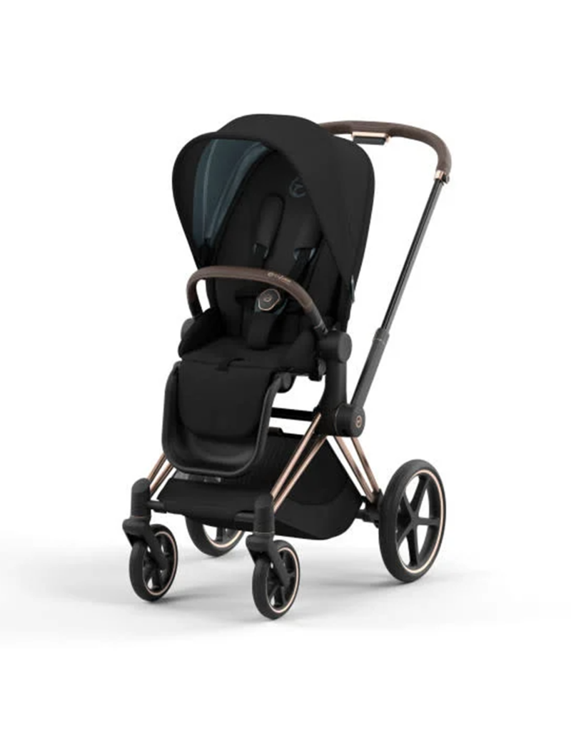 CYBEX PLATINUM E PRIAM 4 STROLLER ROSE GOLD BROWN FRAME AND DEEP BLACK SEAT PACK baby enRoute