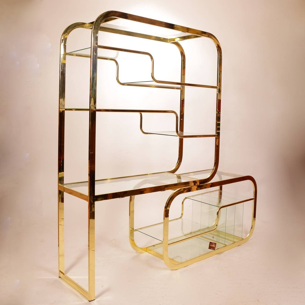 Vintage Mid Century Modern Brass Gold Etagere Glass Shelf