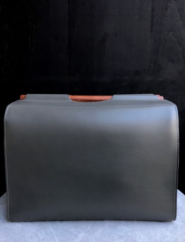 B Home Interiors Rabitti Jota Grey Leather Storage Basket Box With Wooden Handles Rectangular