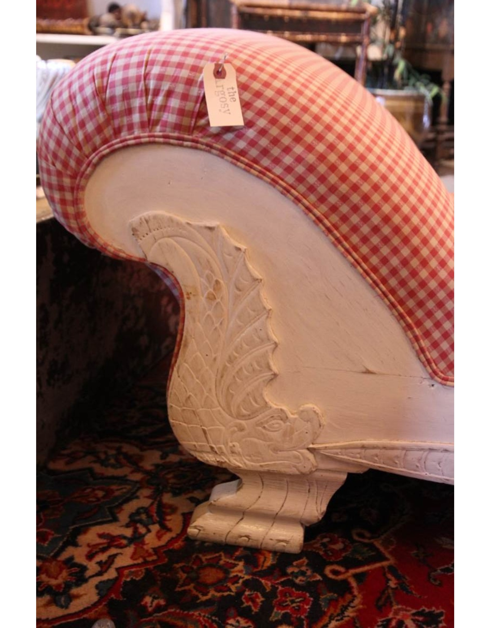 Chaise - Edwardian, white painted base, checkered upholstery