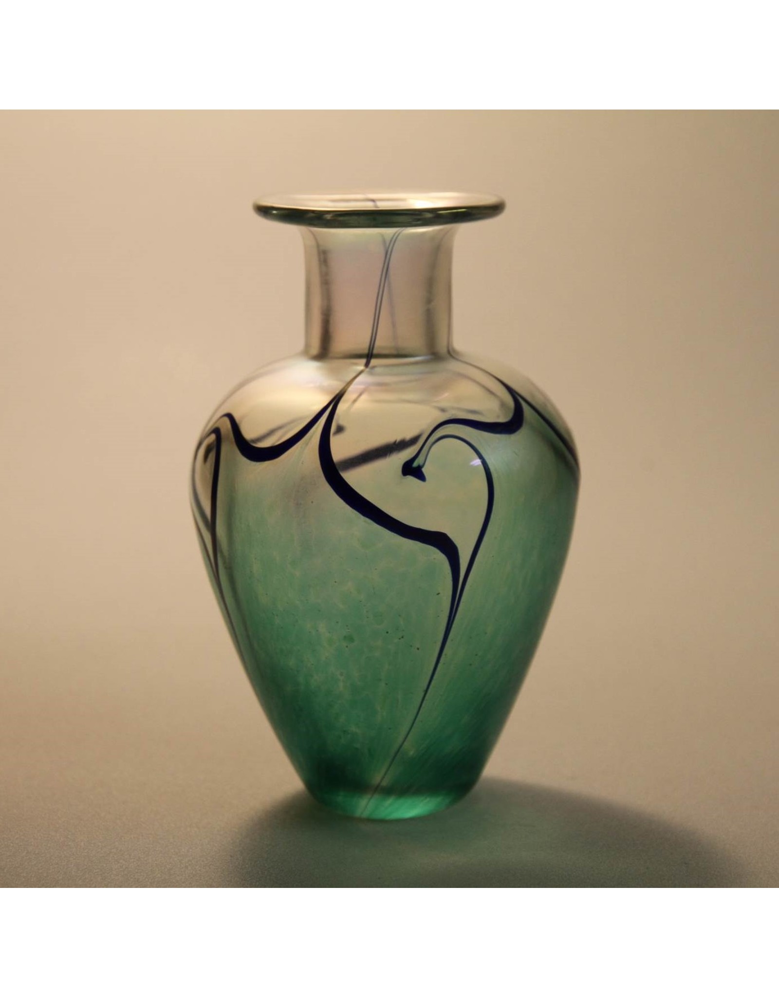 Vase - Robert Held art glass, green with dark blue swirl, 5 3/4"