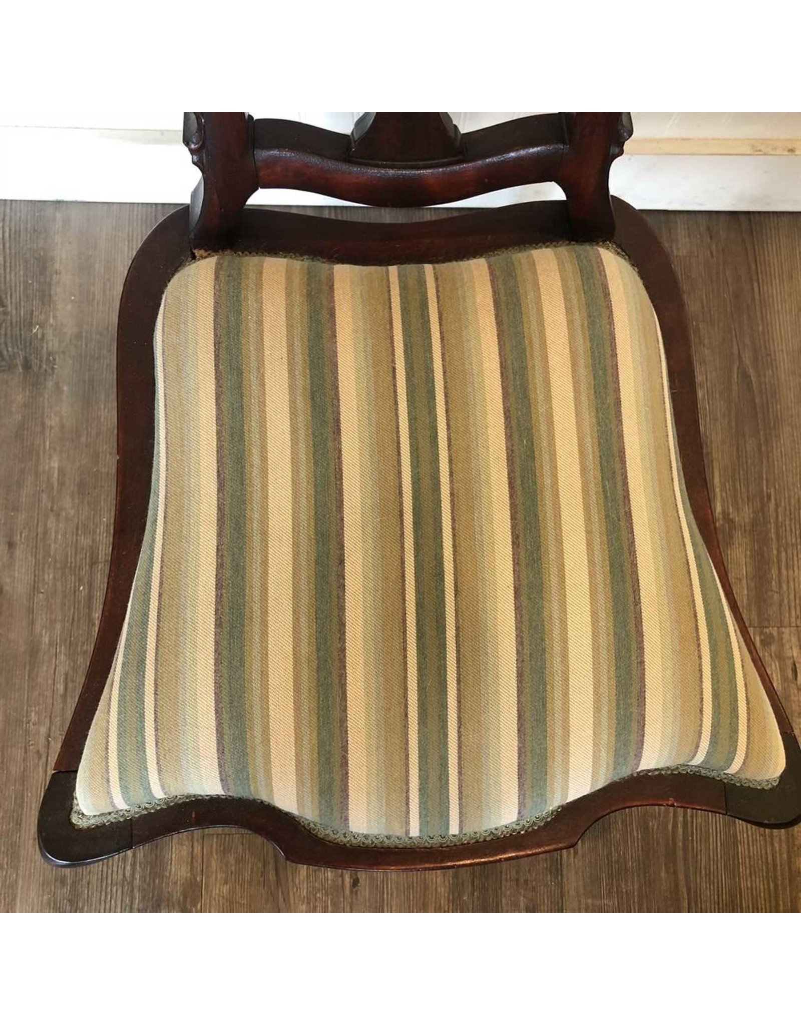 Occasional chair - green striped upholstery, carved mahogany back and feet