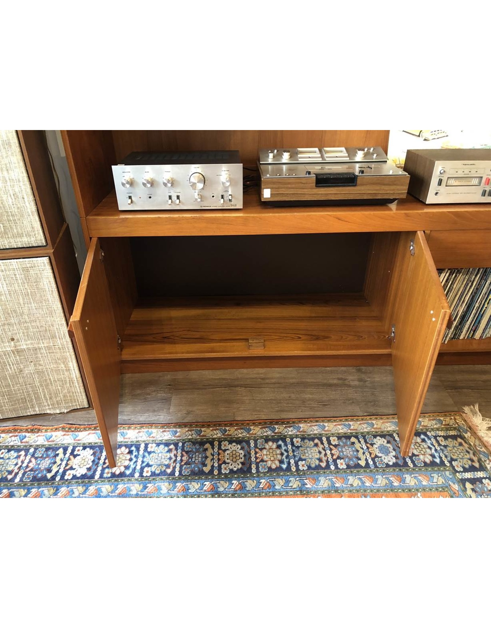 Teak mid century stereo console - unique sliding two door glass display cabinet, width 5'3", depth 1'8", height 5'3"