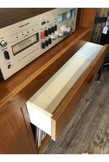 Teak mid century stereo console - unique sliding two door glass display cabinet, width 5'3", depth 1'8", height 5'3"