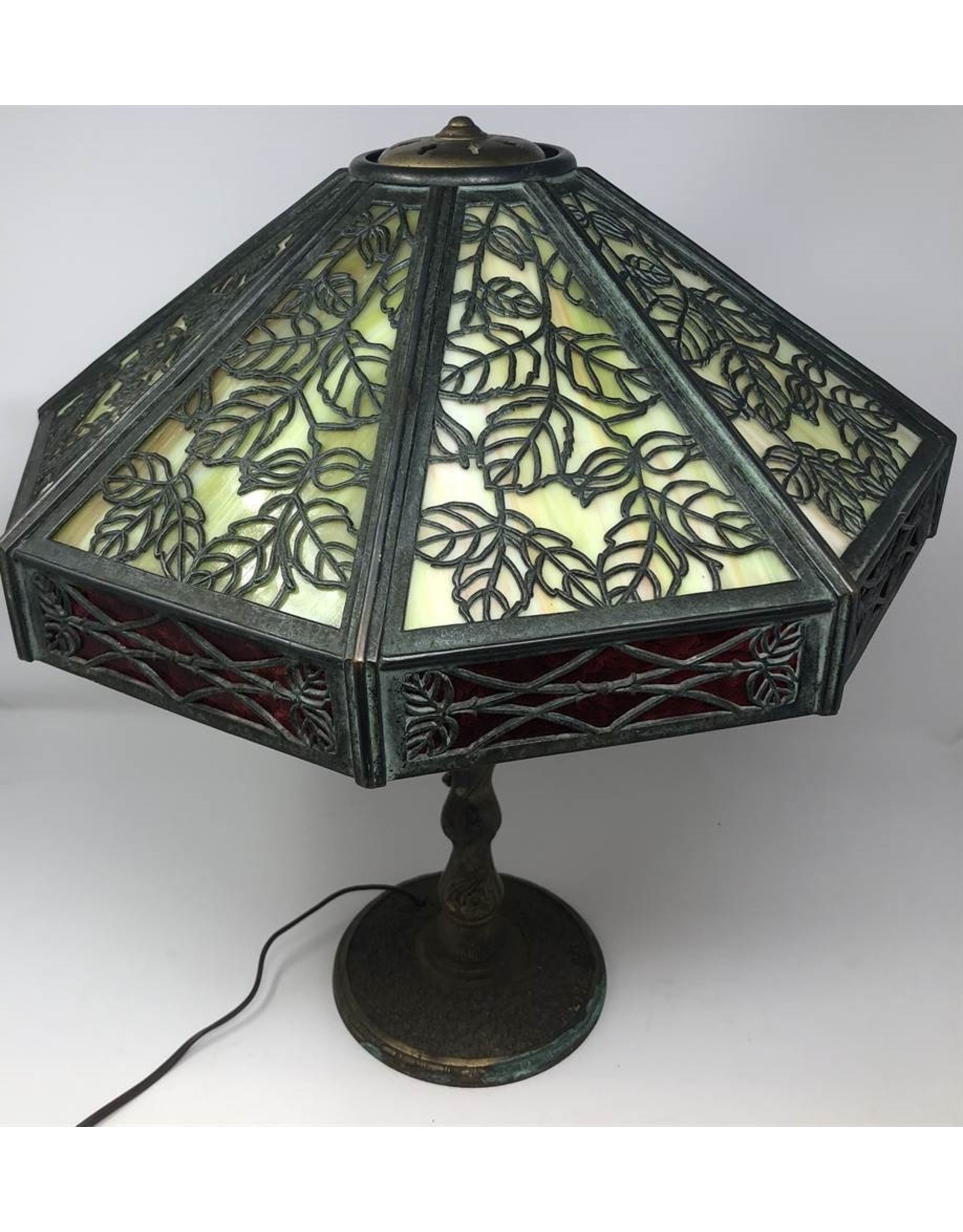Table lamp - antique slag glass brass base and shade