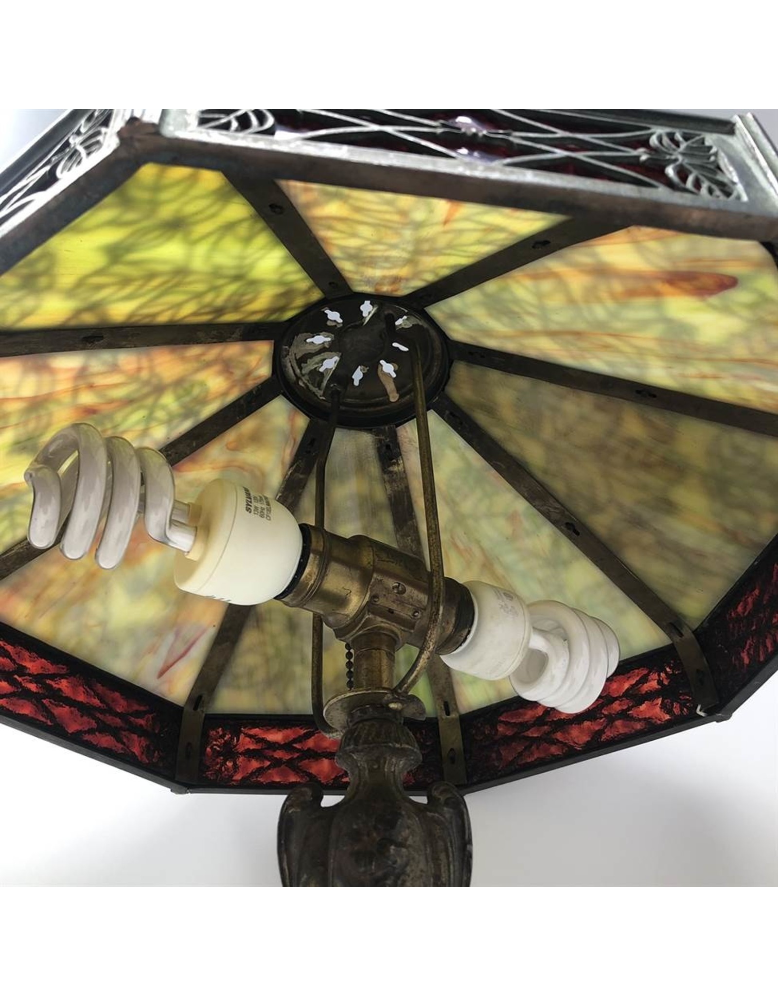 Table lamp - antique slag glass brass base and shade