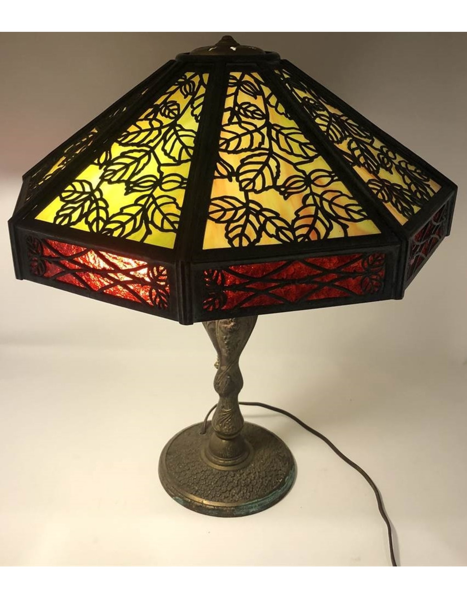 Table lamp - antique slag glass brass base and shade