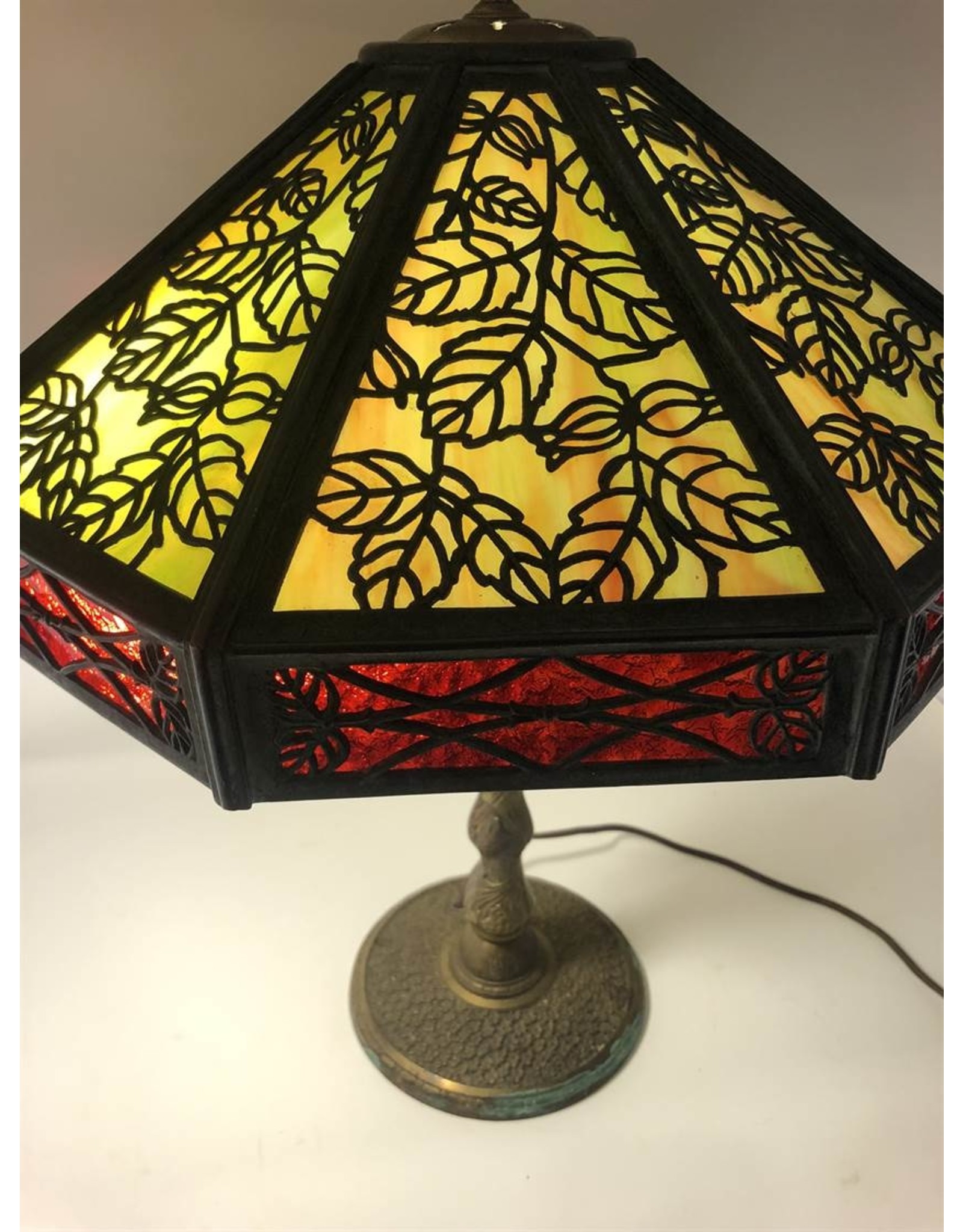 Table lamp - antique slag glass brass base and shade