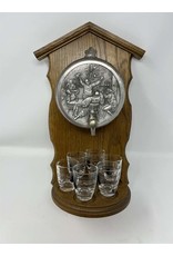 Wall mounted drink dispenser - German, pewter, wood frame, shot glasses