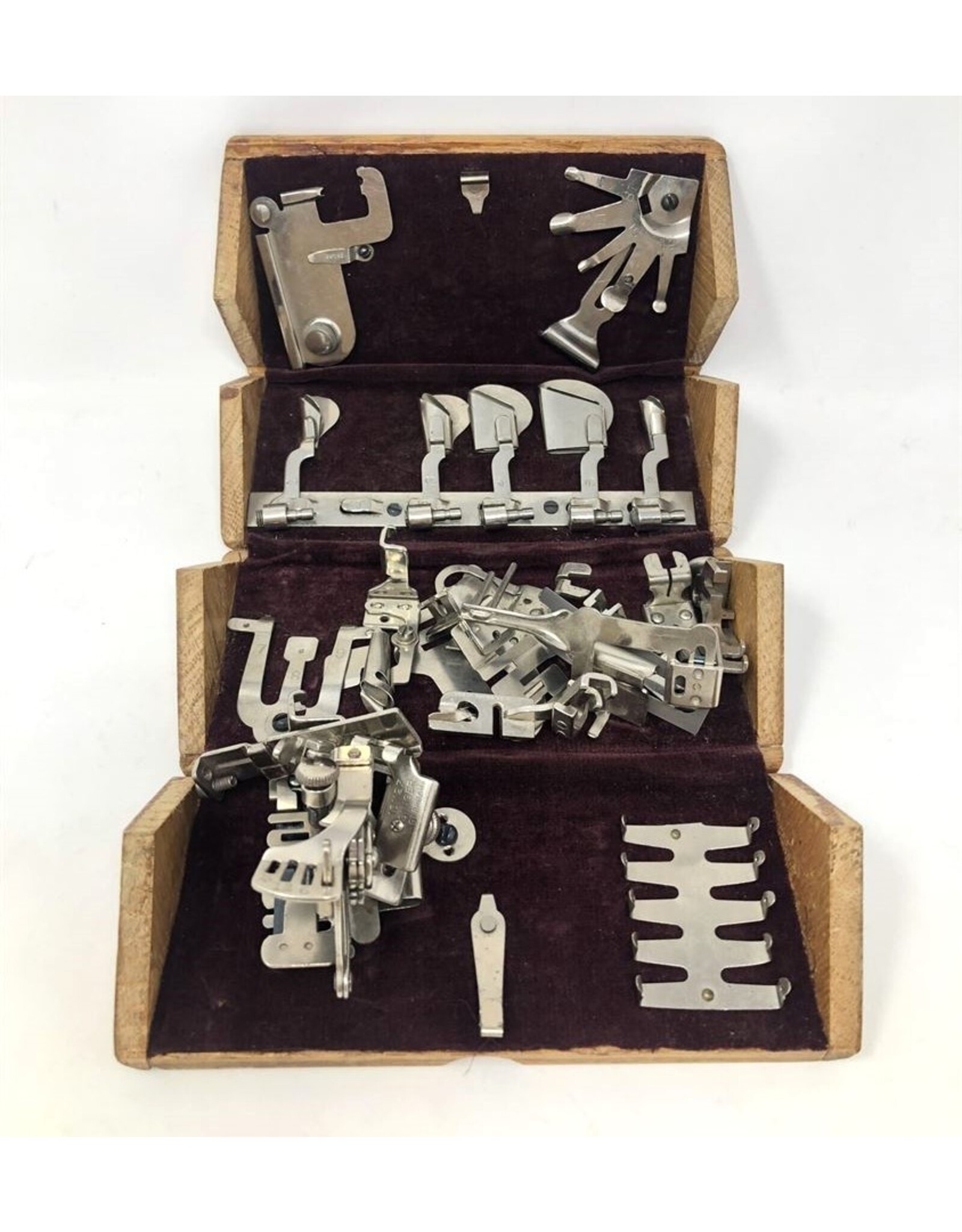 Singer box - folding wooden box with sewing machine parts
