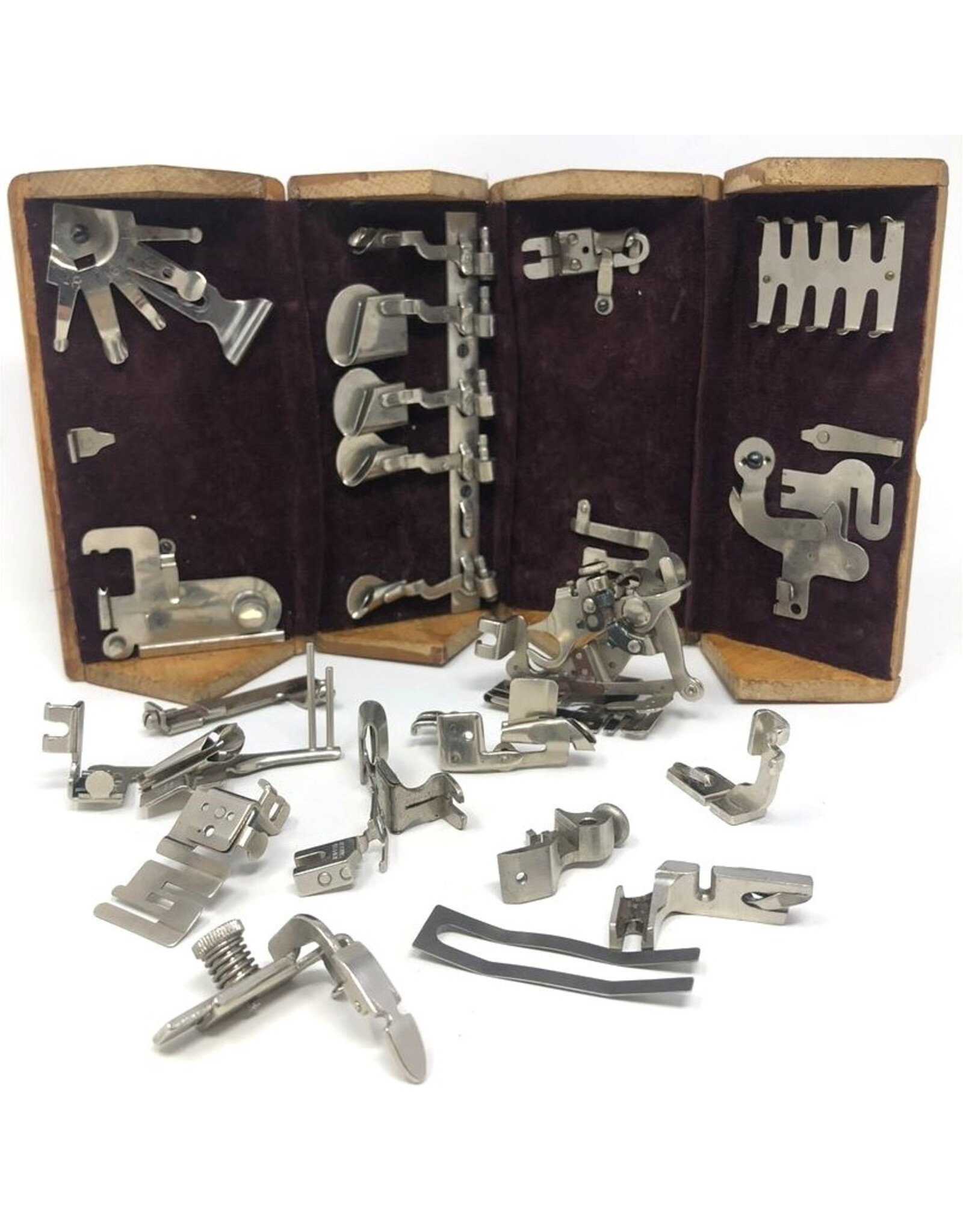 Singer box - folding wooden box with sewing machine parts