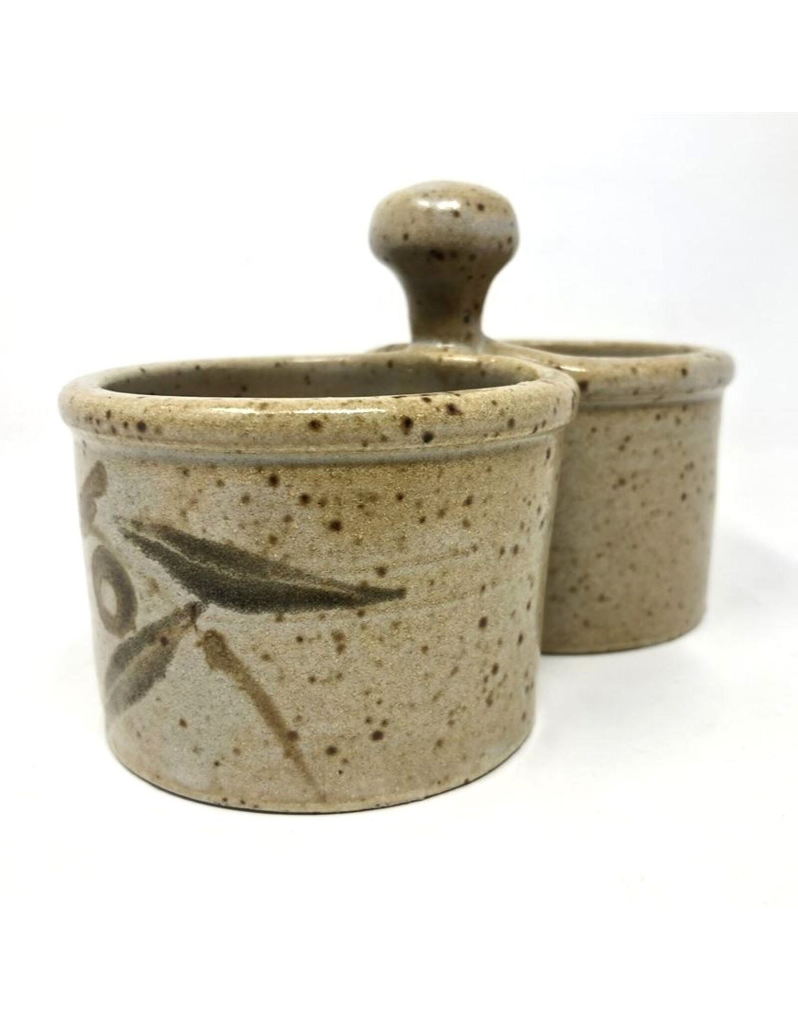 Condiment pots - brown speckled pottery, joined together