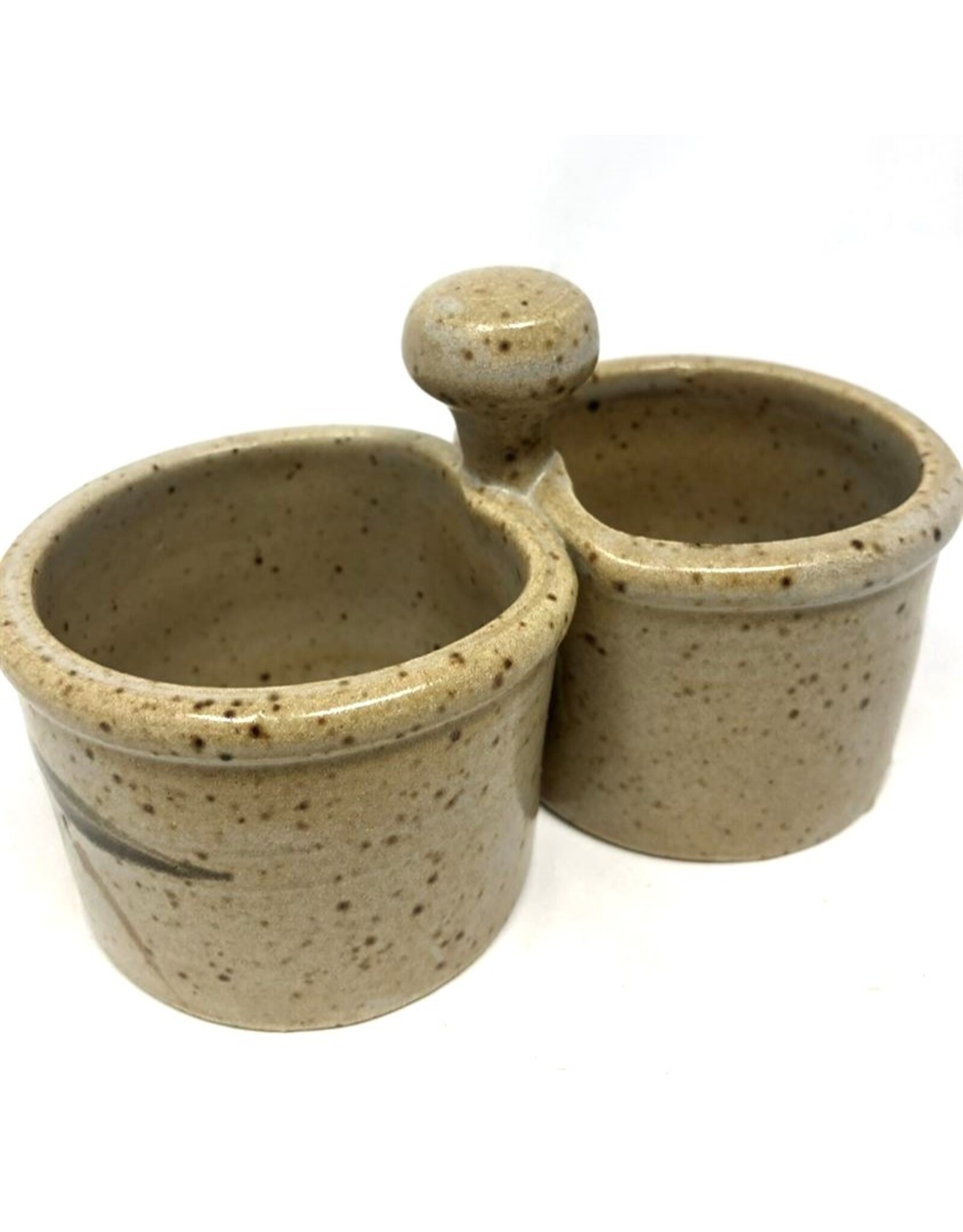 Condiment pots - brown speckled pottery, joined together