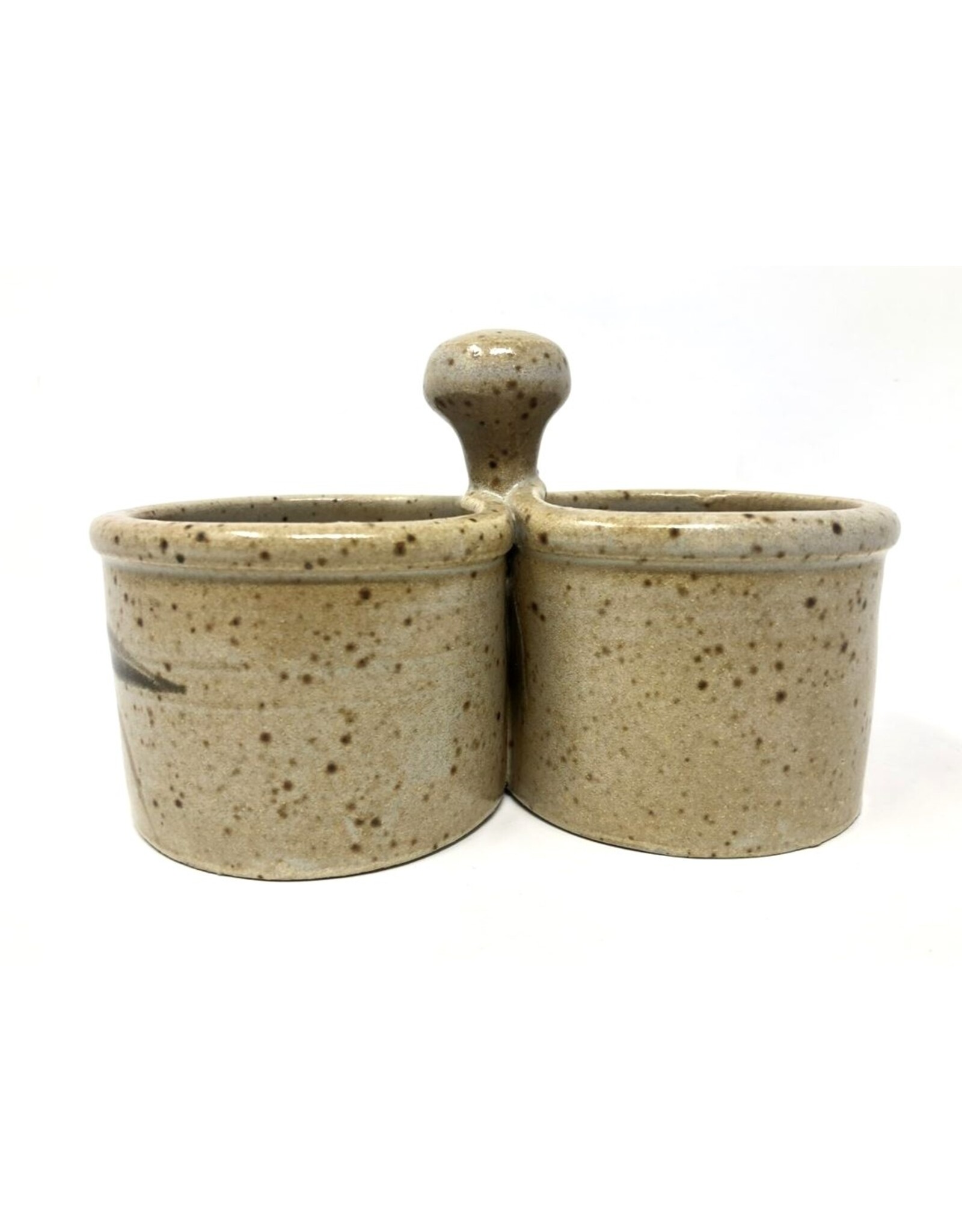 Condiment pots - brown speckled pottery, joined together