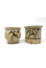 Pair of sugar bowls, one lid - brown speckled pottery
