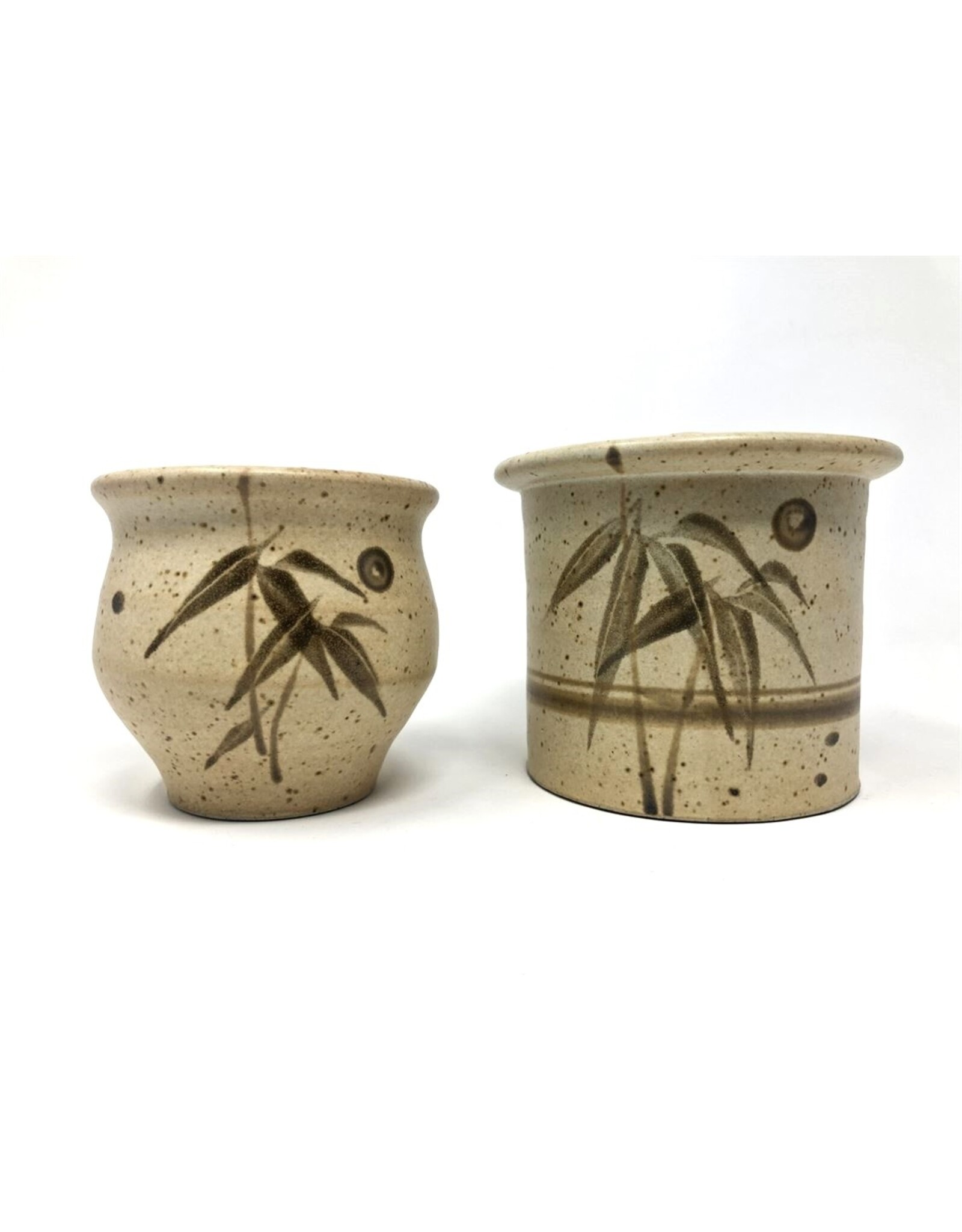Pair of sugar bowls, one lid - brown speckled pottery