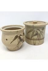 Pair of sugar bowls, one lid - brown speckled pottery