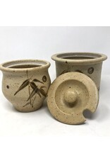 Pair of sugar bowls, one lid - brown speckled pottery