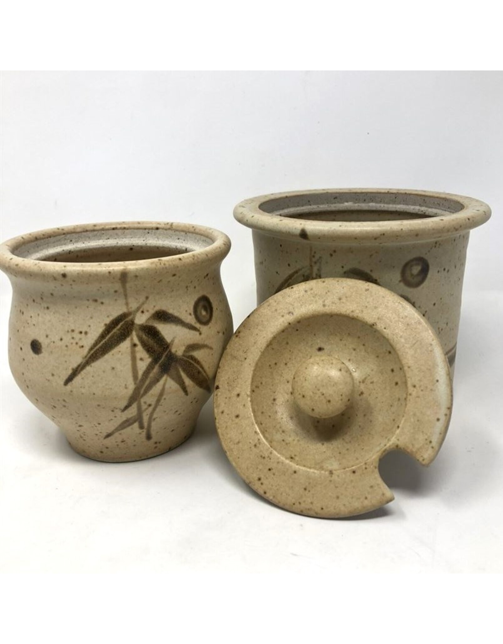 Pair of sugar bowls, one lid - brown speckled pottery