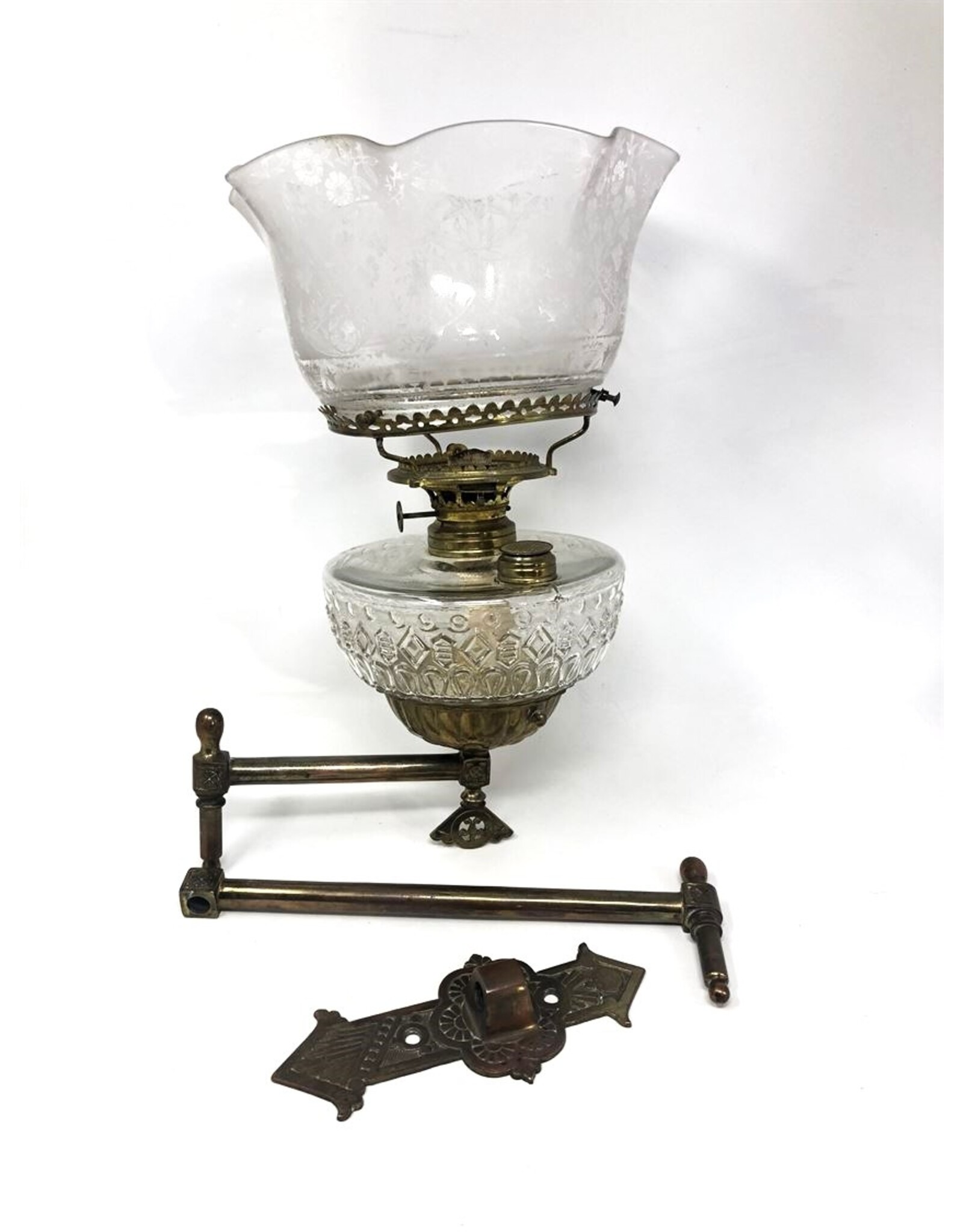 Lighting - antique oil lamp on hinged brass bracket etched glass