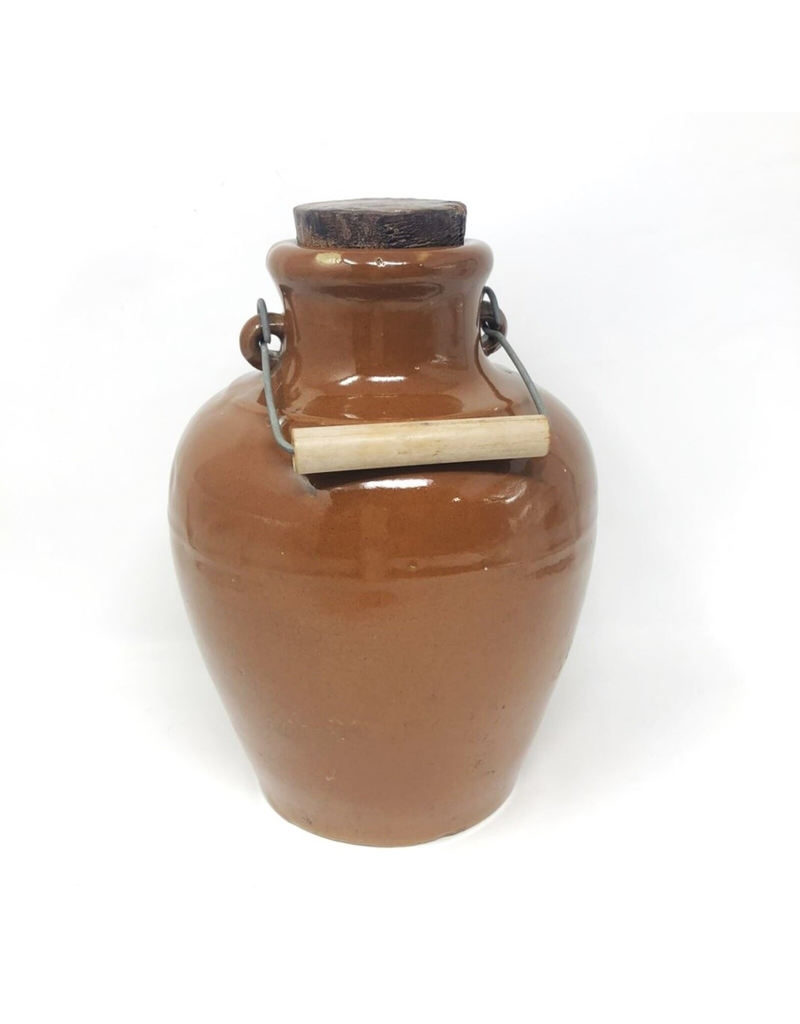 Crock - jug, brown glaze, spout, corks