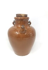 Crock - jug, brown glaze, spout, corks