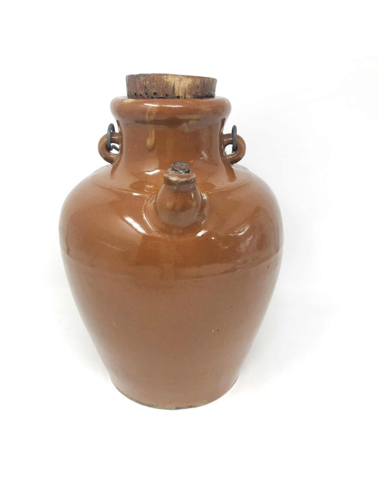Crock - jug, brown glaze, spout, corks