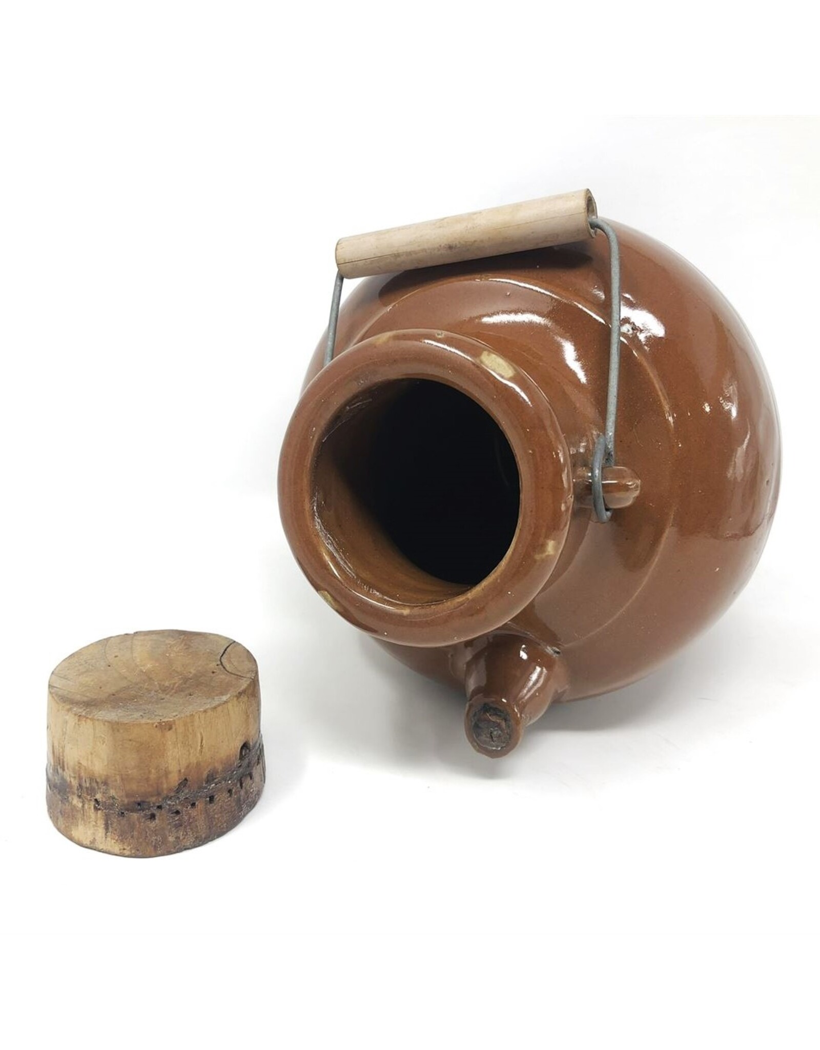 Crock - jug, brown glaze, spout, corks