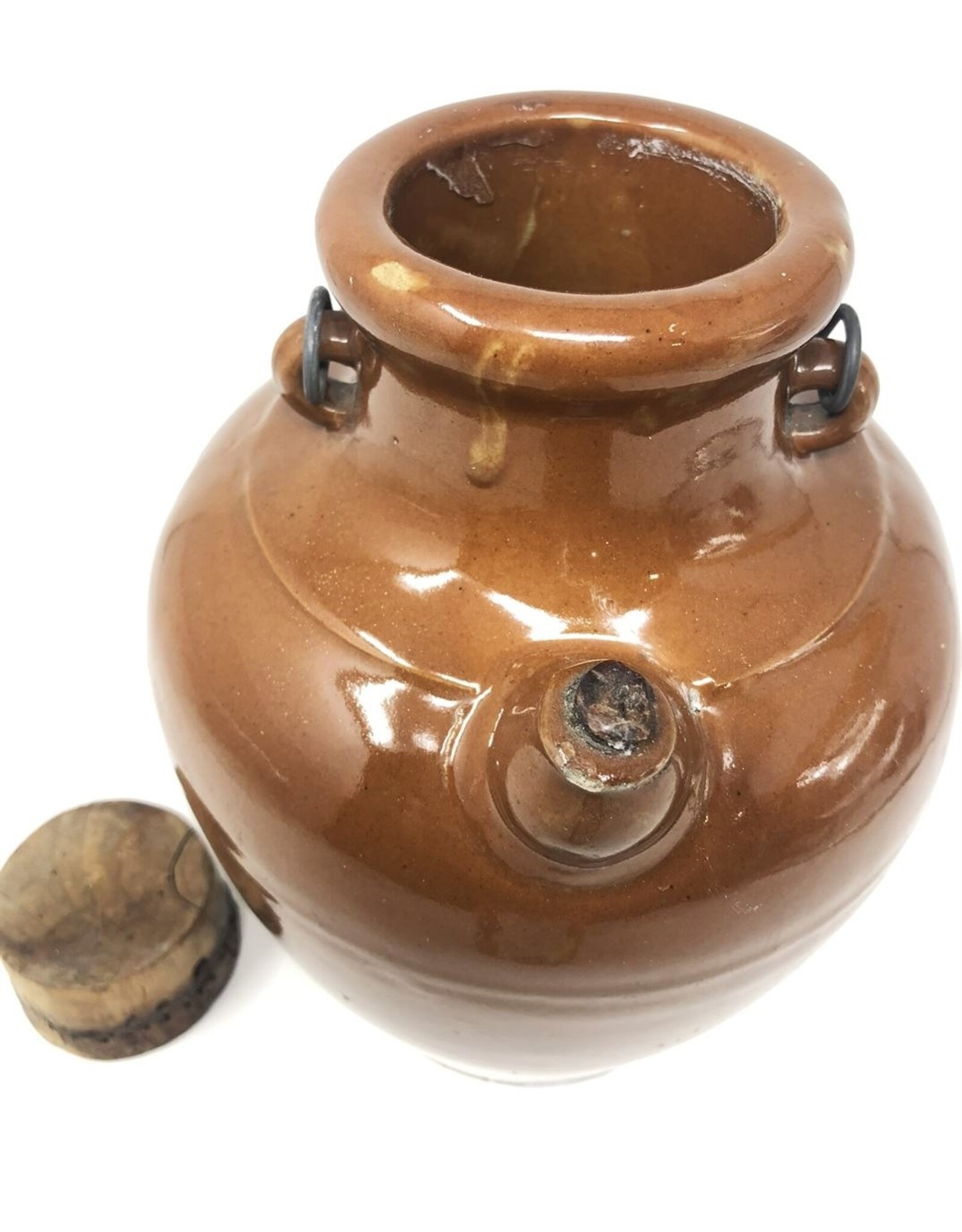 Crock - jug, brown glaze, spout, corks
