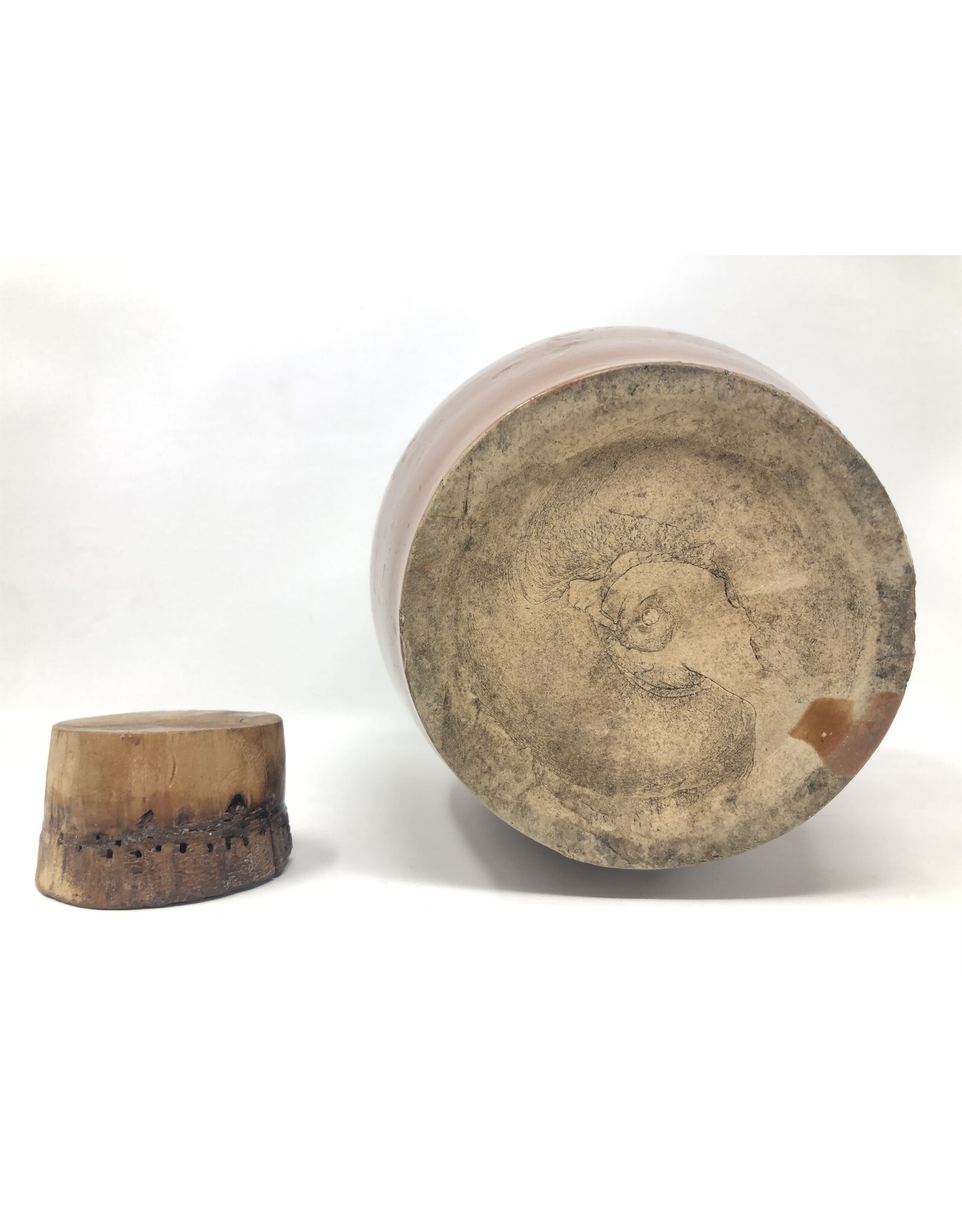 Crock - jug, brown glaze, spout, corks