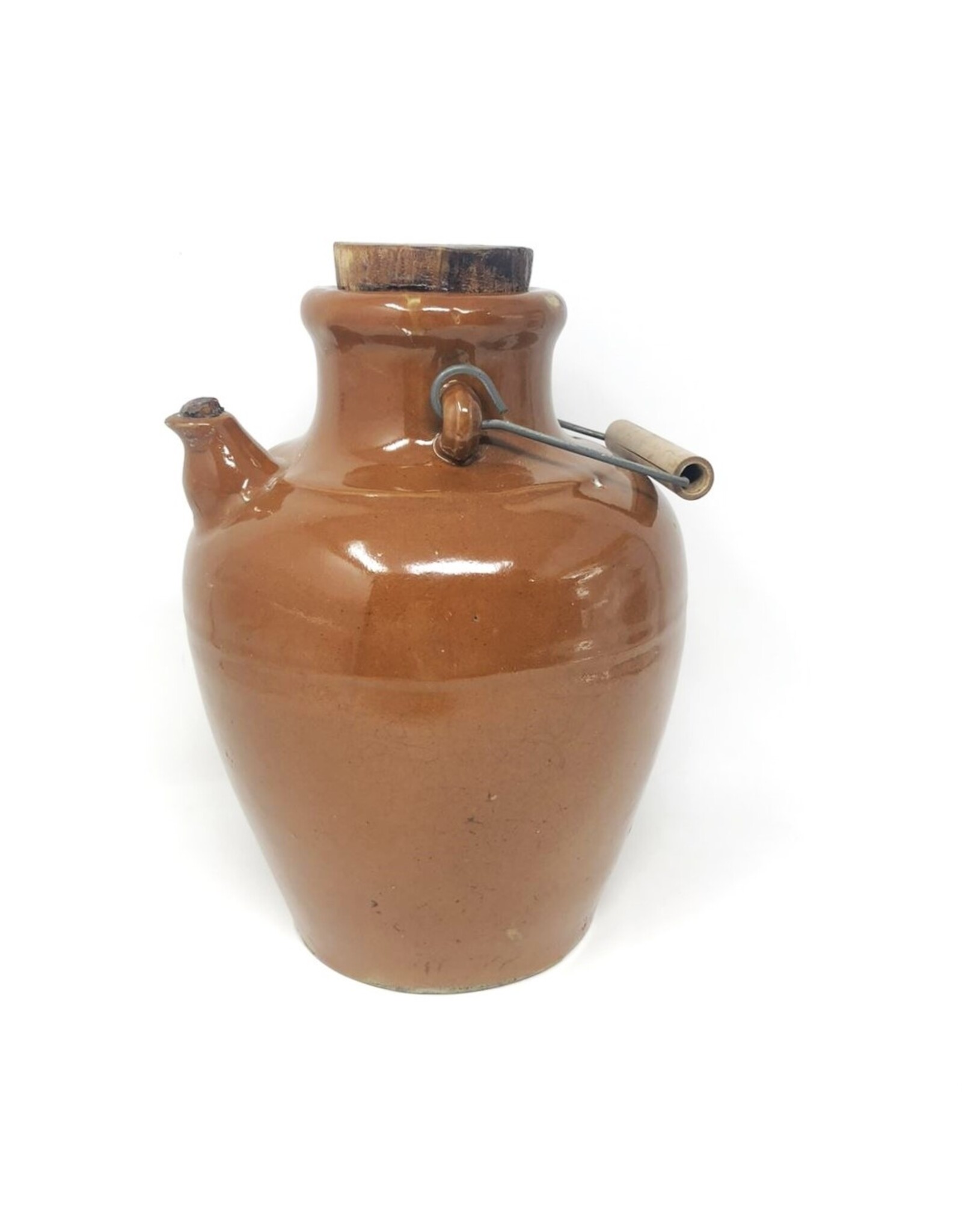 Crock - jug, brown glaze, spout, corks