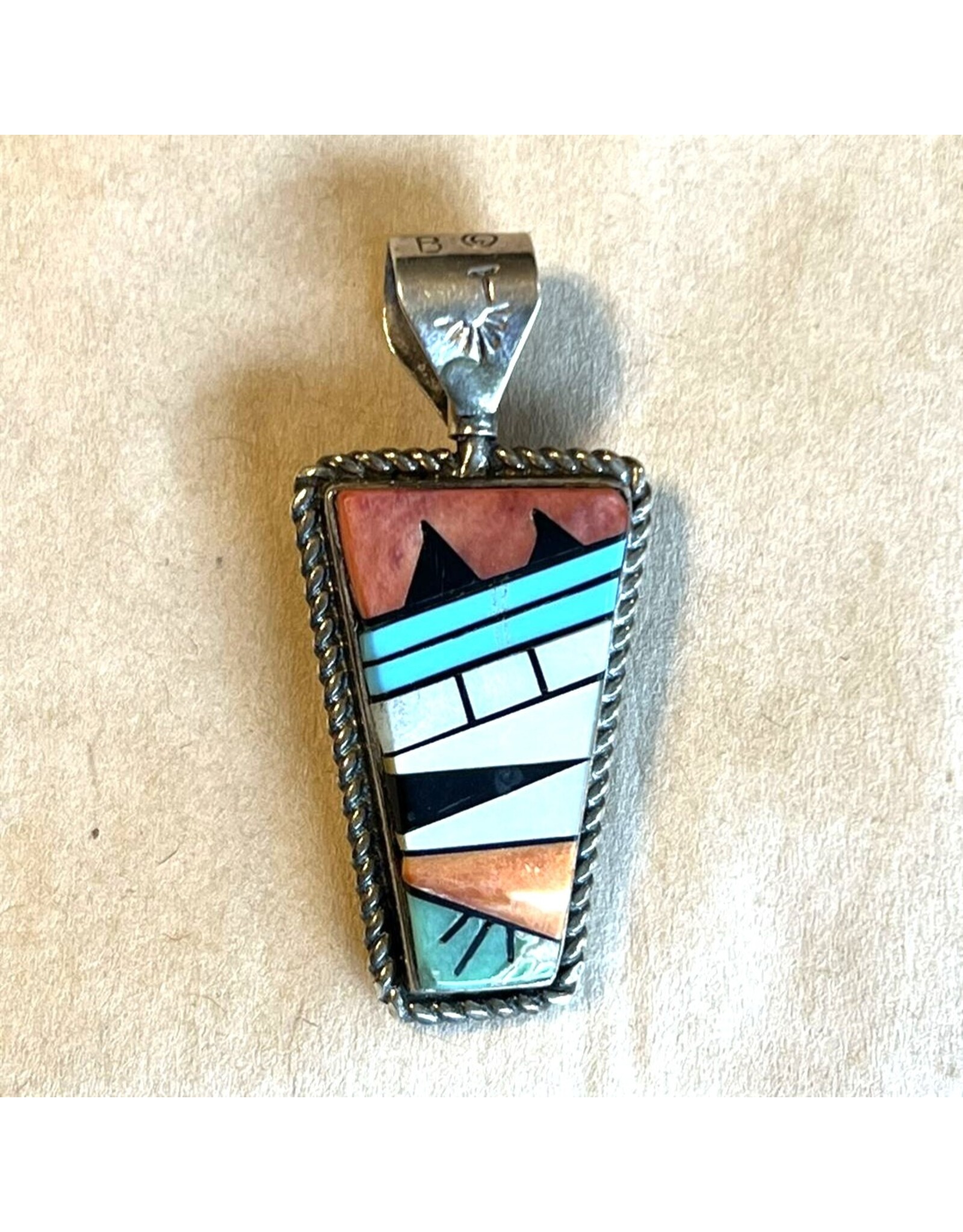 Pendant - Zuni lapidary sterling silver signed Bevis  Tsadiasi spinning