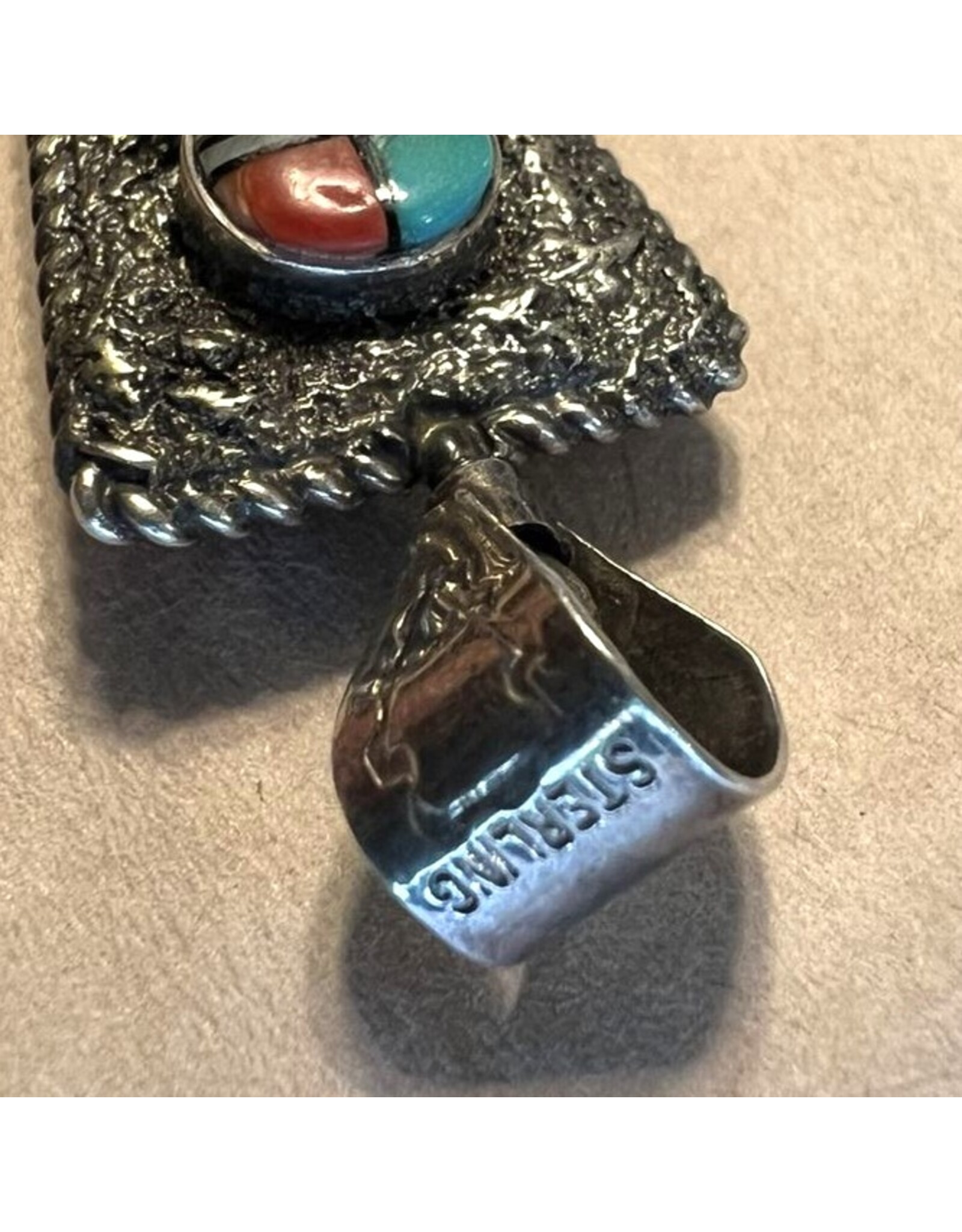 Pendant - Zuni lapidary sterling silver signed Bevis  Tsadiasi spinning