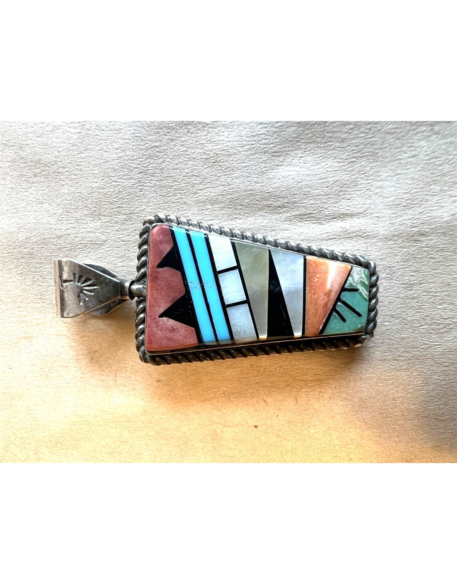 Pendant - Zuni lapidary sterling silver signed Bevis  Tsadiasi spinning