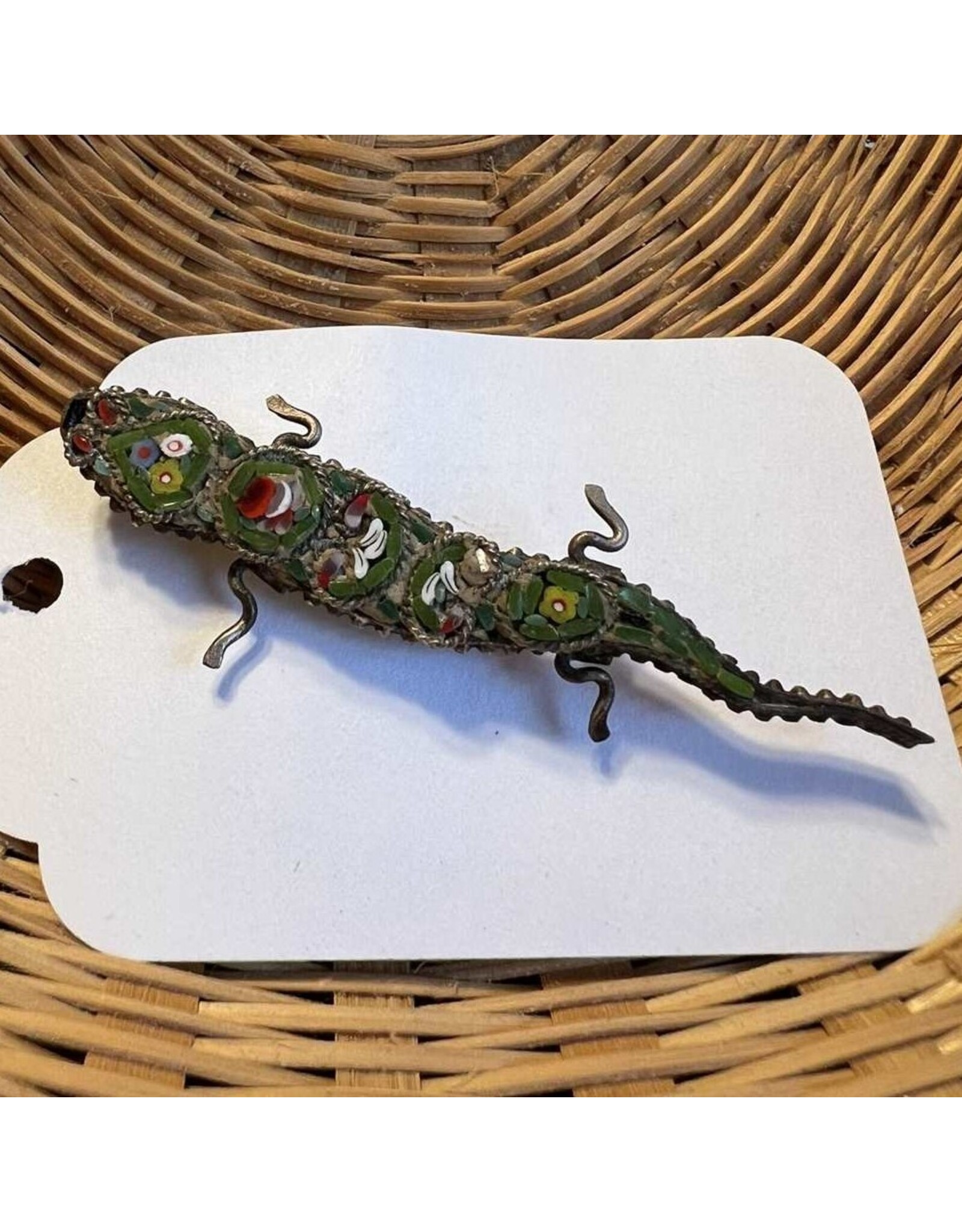Brooch - Italian micromosaic marked jade lizard salamander