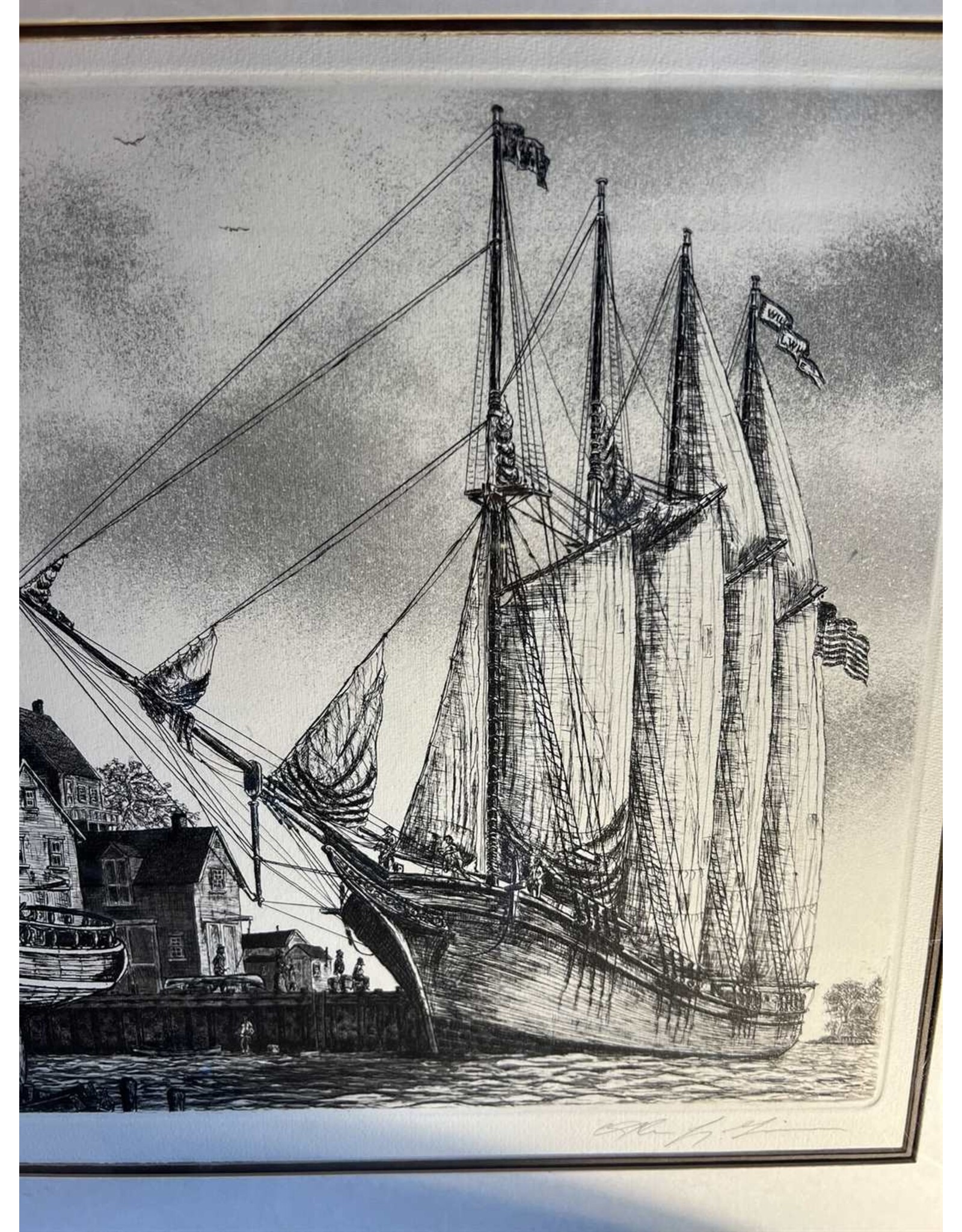 Framed print - The Schooner William L White, Alan Gaines, 1976 etching