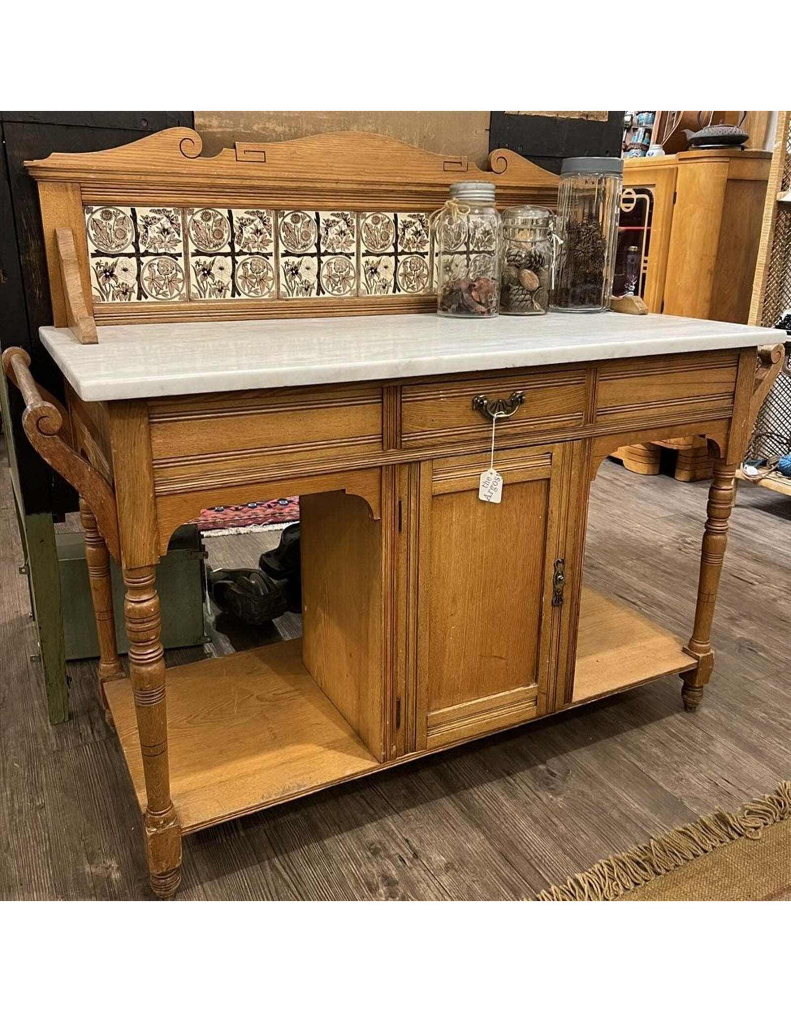 Marble top washstand - white marble, brown tiles