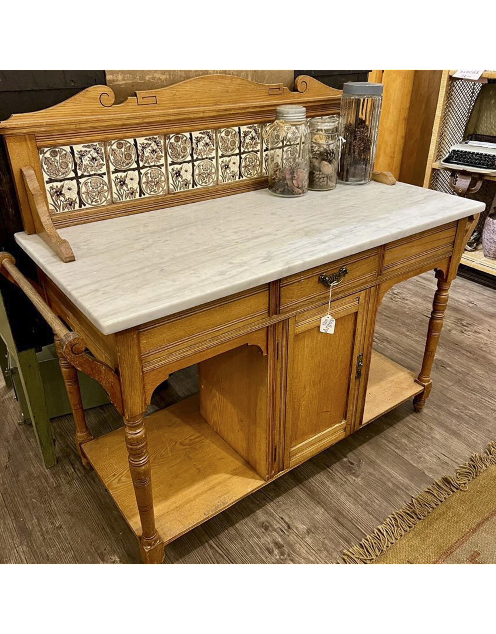 Marble top washstand - white marble, brown tiles