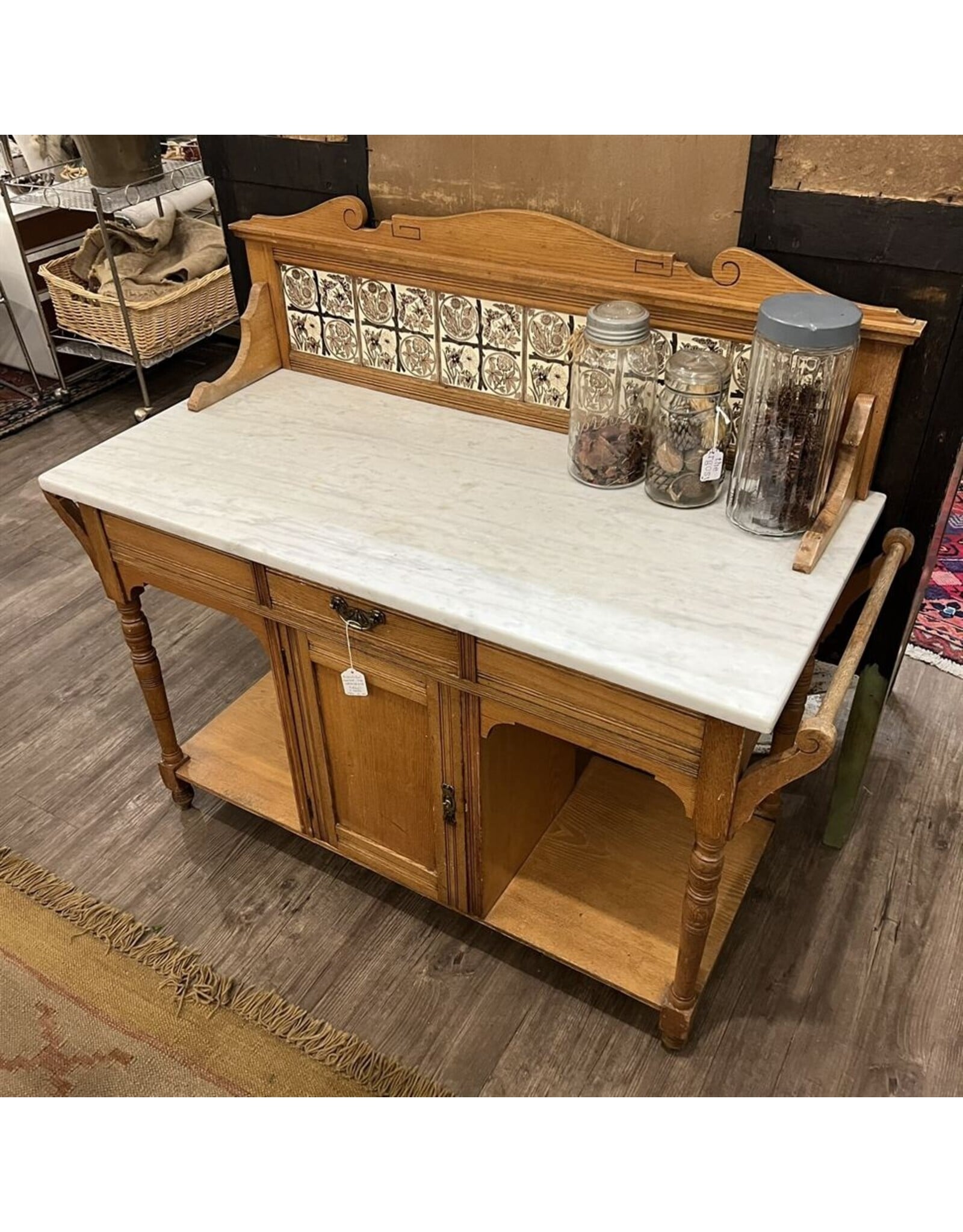 Marble top washstand - white marble, brown tiles