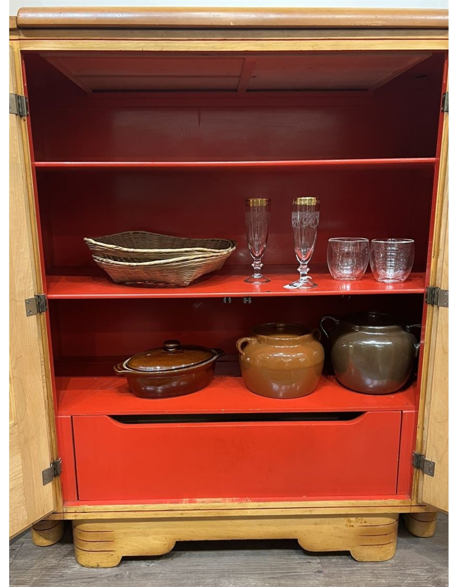 Cabinet - two door 1950s red details maple
