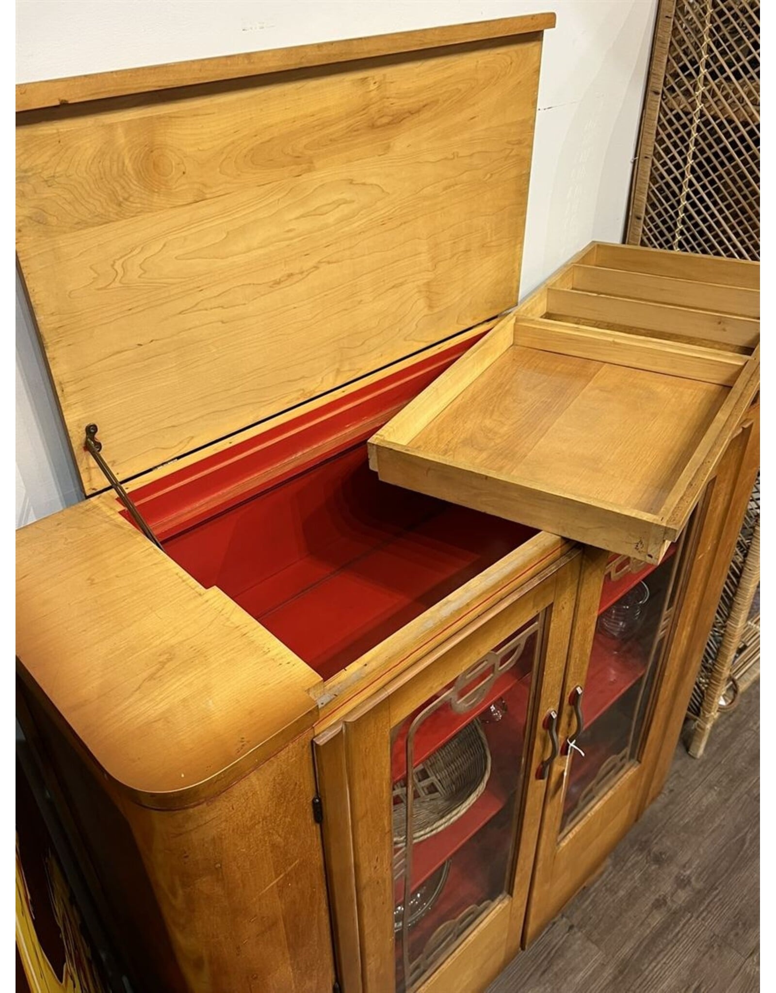 Cabinet - two door 1950s red details maple