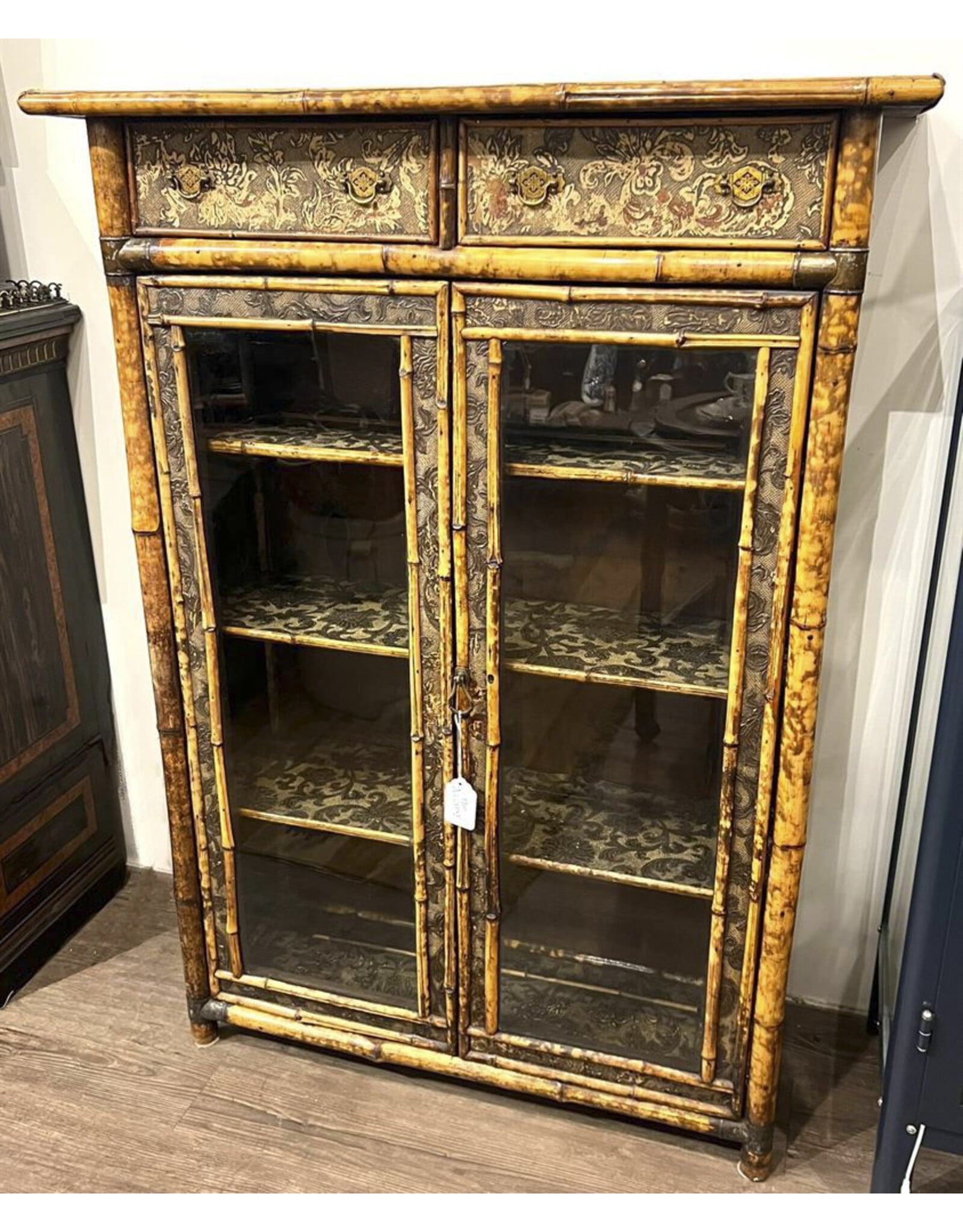 Bookcase cabinet - Victorian, 1890s, chinoiserie bamboo japanned antique glass
